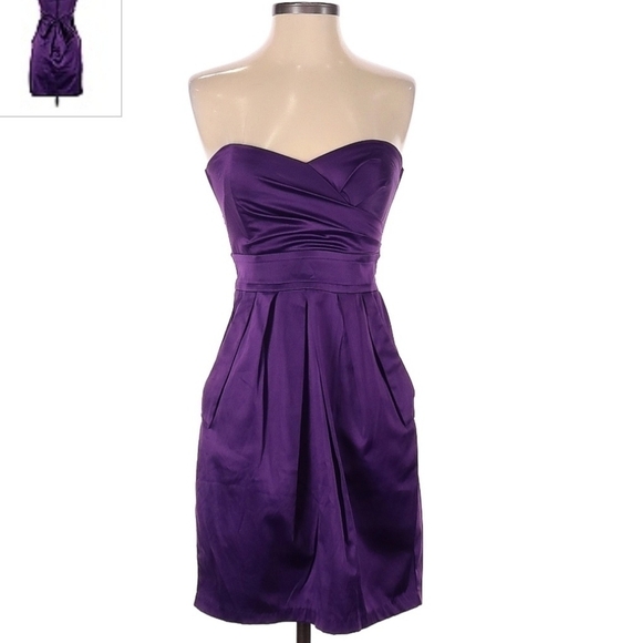 Teeze Me Strapless Sweetheart Dress Purple A-Line Satin Pockets Tie Back 3 EUC - Picture 1 of 4
